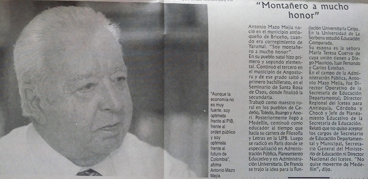 Recorte de prensa. Perfil de Antonio Mazo Mejía, rector CEIPA